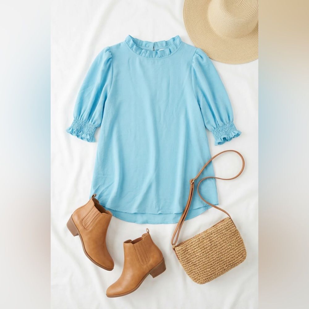 Beeson River Light Blue Ruffle Neck Blouse
